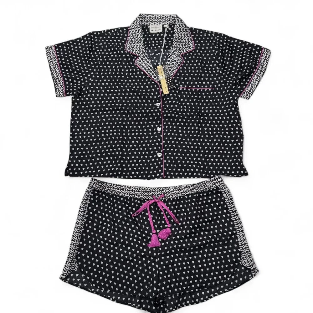 Roller Rabbit x Lele Sadoughi Black‎ Heart Pajamas PJ Set Womens XL NWT Shorts